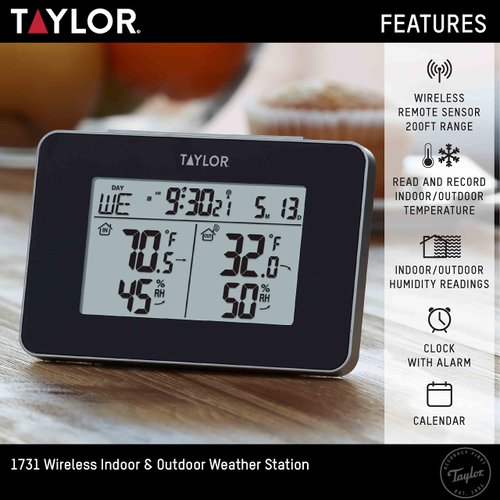 Taylor Wireless Digital Indoor Outdoor Weather Station, Battery Powered, Alarm, 5 x 1.86 x 3.3 inches, Black