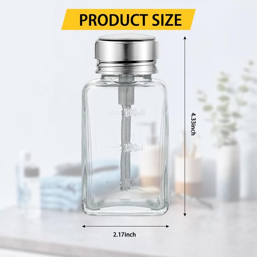 Clear Pump Dispenser Bottle with Metal Flip Cover,6 Oz/ 180 ml Glass Nail Polish Remover Push Down Dispenser Bottle,Refillable Push Down Pump Dispenser Press Container for Makeup Remover