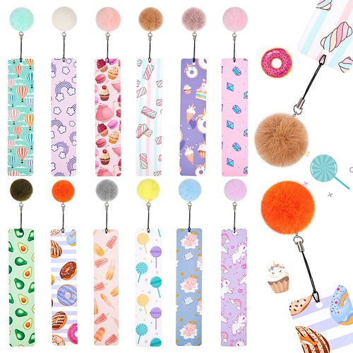 12 Pieces Kids Bookmarks, Cute Bookmarks for Kids Girls, Bookmarks Gifts for Women, Girls, Teens, Rulers for Kids, Animal Bookmarks, Party Favors School Classroom Reading Presents (Pom Pom Style)