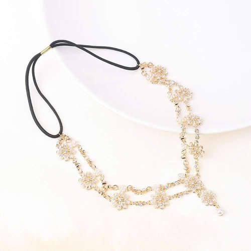 Anglacesmade Bridal Head Chain Rhinestone and Pearl Headband Bohemian Floral Wedding Headpiece Prom Party Festival Hair Accessories for Women and Girls(Gold)