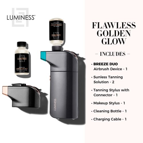 LUMINESS BREEZE DUO TANNING AIRBRUSH SYSTEM, Gradual Tan – Self Tanner Kit includes Breeze Device with Makeup Stylus, Tanning Stylus & Sunless Tanning Solution - Long-Lasting, Buildable, Flawless Tan