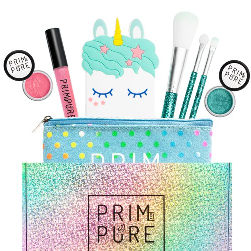 Prim and Pure Mineral Gift Set with Unicorn Mirror| Perfect for Play Dates & Birthday Parties | Kids Eyeshadow Makeup – Mineral Blush | Organic & Natural Makeup Kit for Kids| Made in USA (Blue)