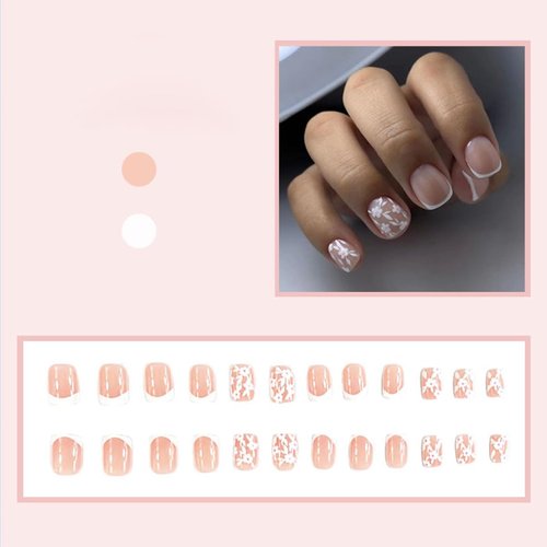 White French Tip Press on Nails Short NEWSPIED Petite Flower Fake Nails with Designs Full Cover Acrylic Nails White Floral False Nails Glossy Cute Glue on Nails for Women Girls Manicure 24Pcs