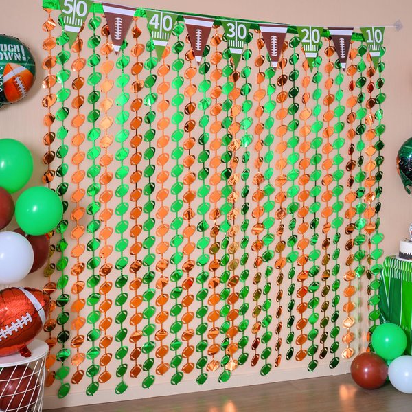 LOLStar Superbowl Party Decorations 2024, 5 Pack Football Shaped Foil Fringe Curtains, 3.3x6.6 ft Green and Brown Photo Booth Props, Football Backdrop for Superbowl Birthday Party Supplies