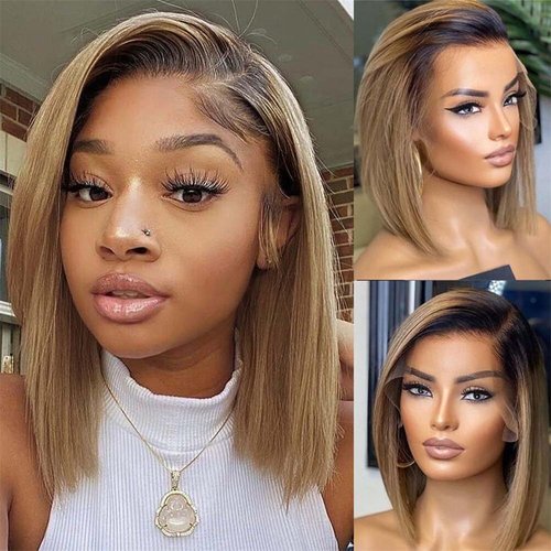 Nicy Ashy Blonde 13X6 HD Transparent Lace Front Bob Wig Human Hair Pre Plucked with Baby Body Wave Bob Wig Glusless Human Hair Wigs For Women Invisible Lace Wig Virgin Hair (16inch, 13X4 highlight)