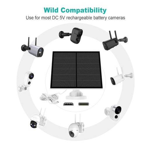 Solar Panel for Security Camera, 5W USB Solar Panel for Micro USB and USB-C Port Outdoor Rechargeable Battery Camera, Solar Panels with 9.8ft Cable, Adjustable Wall Mount, IP65 Waterproof, 2 Pack