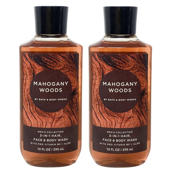Generic Bath and Body Work Men's Collection MAHOGANY WOODS 2 Piece 3-in-1 Hair, Face & Body Wash Set - 10 fl oz / 295 mL each, Full Size, brown