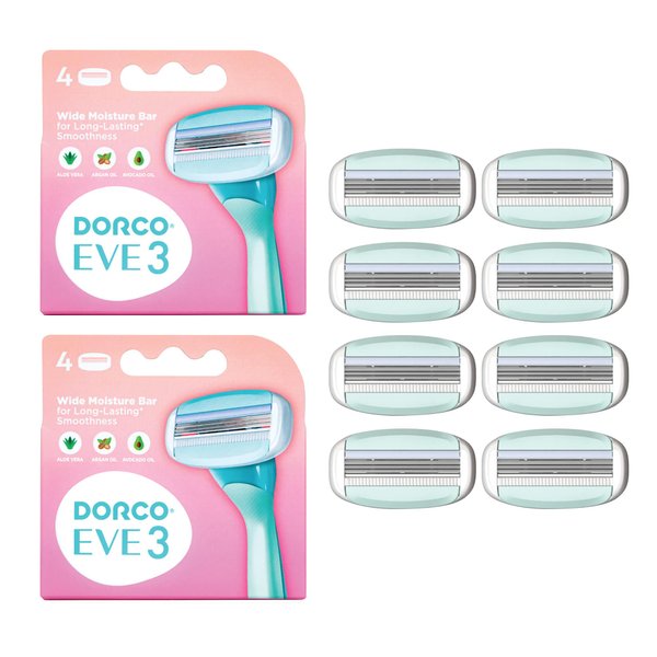 EVE 3 Razors for Women for Quick & Easy Shaving (No Handle, 8 Pcs Razor Blade Refills), 3 Curved Blades, Womens Razors for Shaving with Aloe Vera Moisture Bar, Interchangeable Cartridge for Sensitive Skin 8 Cartridges Only