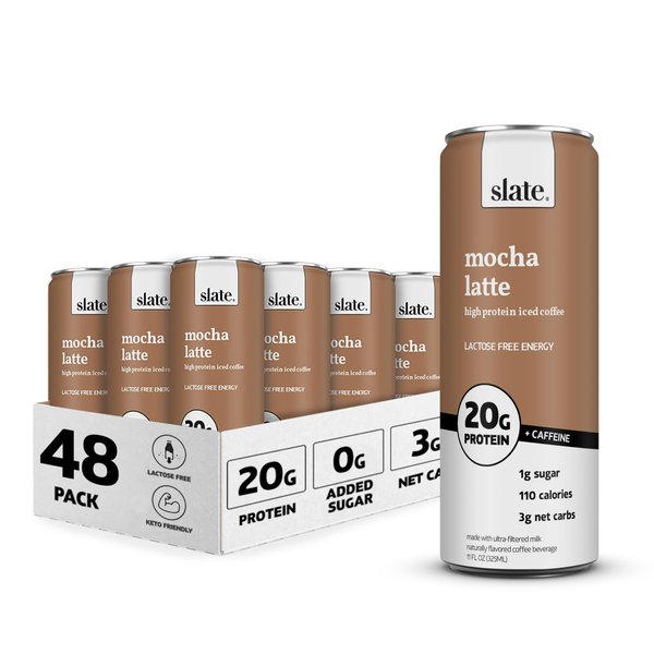 Slate Milk - High Protein Shake, Mocha Latte, 20g Protein, 0g Added Sugar, 175mg Caffeine, Lactose Free, Keto, All Natural (11 oz, 48-Pack)