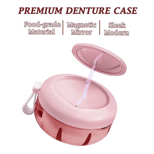 Denture Case, Definitely No-Leak Denture Bath Box for Traveling Perfectly, Denture Cup with Strainer & Magnetic Mirror,Completely Clean Care for Retainer, Mouth Guard, & Denture(PINK)…