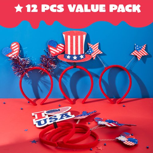JOYIN 12 Pcs 4th of July Headband, Patriotic Headband American Flag Headbands for Women, 4th of July Accessories for Independence Day, Memorial Day, Veterans Day Honoring, Themed Party Favors