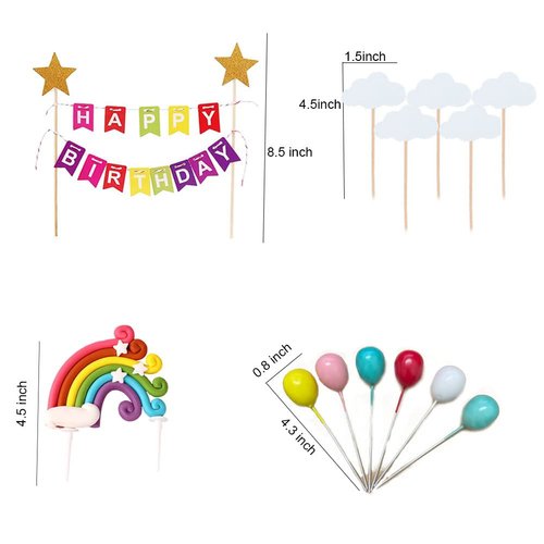 MEMOVAN Rainbow Cake Topper 15pcs, Happy Birthday Cake Flag Banner, Colorful Rainbow Clouds Balloon Ball Cake Cupcake Topper, Colorful Rainbow Cake Decoration for Boys Girls Birthday Baby Shower Party
