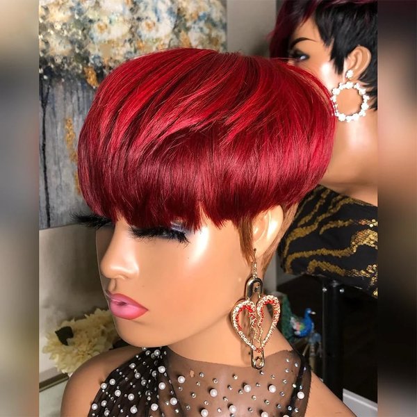 QITAQOTA Pixe Cut Wig Wigs For Black Women Short Wigs for Black Women Wigs With Bangs Red to Brown Wigs Natural Hairline Wig Hair Replacement Wigs 8Inch