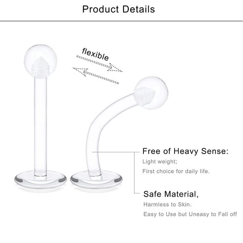 Lcolyoli 30PCS 16G Clear Acrylic Lip Rings Monroe Labret Studs Piercing Jewelry Bioflex Flexible Dimple Retainer 12mm 1/2 inch Bar Length 3mm Screw Ball Flat Back for Women Men Girls Work