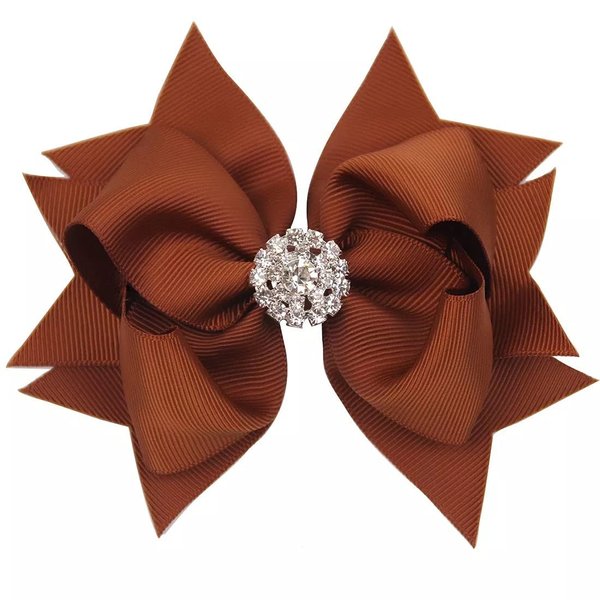 Bow Hair Clip with Rhinestone | 4 inch grosgrain | alligator clip (Brown)