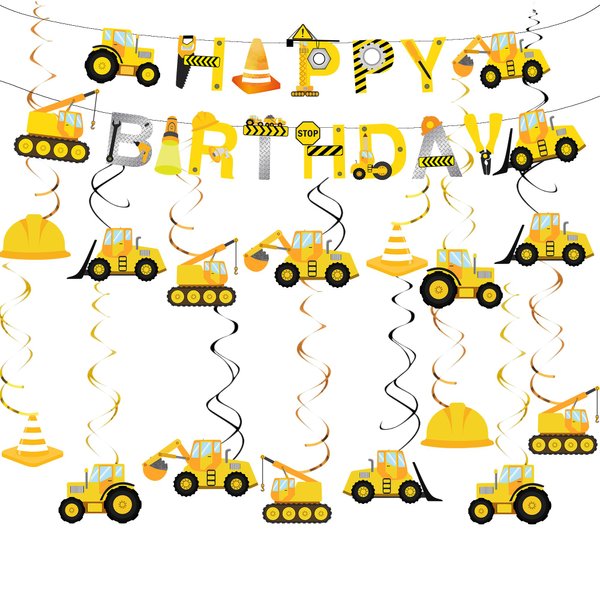 53 Pcs Construction Birthday Party Supplies Banner Dump Truck Party Hanging Swirl Traffic Zone Theme Streamers for Boys Birthday Baby Shower Engineering Theme Party Favors