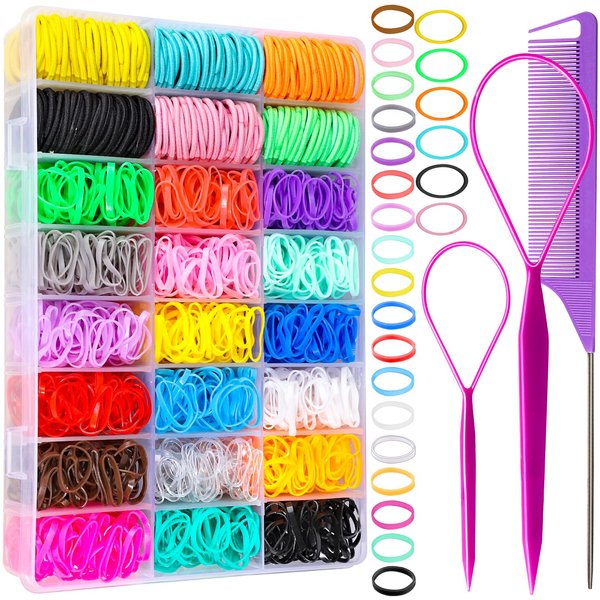 YGDZ Elastic Hair Bands, 1500pcs Hair Rubber Bands, 120pcs Baby Hair Ties, Colorful Small Hair Tie Set with Hair Tail Tools, Rat Tail Comb, Hair Accessories for Girl, Toddler