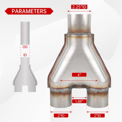 FGJQEFG T409 Stainless Steel Y Pipe 2.25'' Inch ID Single to 2'' Inch ID Dual Stamped Exhaust Adapter Connector, Overall Length: Approx. 10", Universal