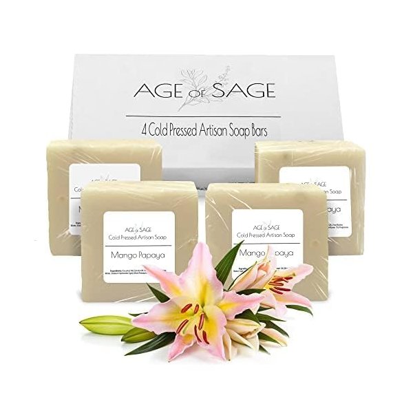 Age of Sage Handmade Natural Bar Soap Gift Set - 100% All Organic Vegan Bath Moisturizing Handmade Artisan Scented Cold Process Fragrant Soaps with Essential Oil - 4 Pack (Mango Papaya)