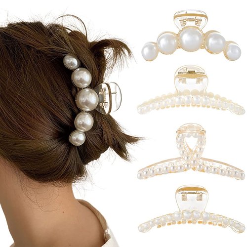 Formery 4PCS Pearl Hair Claw Clips Acrylic Fancy Hair Clips Thick Hair Barrette Jaw Clamp Curly Hair Accessories for Women