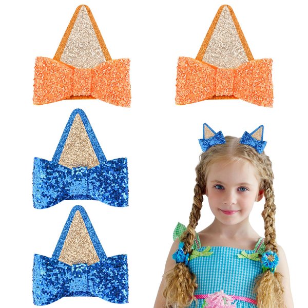 Dog Ears Hair Clips For Girls Women, 2 Pairs Sequin Blue Bow Hair Clips Halloween Ears Hair clip, Blue Birthday Party Decorations Favors Supplies Blue Dog Ears Cosplay Costume Hair Accessories