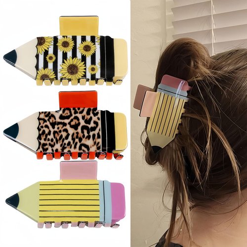 Vsdski 3Pcs Pencil Hair Claw Clips for Women Fun Teacher Hair Clips Sunflower Stripe Hairpins Non Slip Barrettes for Thick Thin Hair Back To School Hair Accessories for Teacher Appreciation Gifts