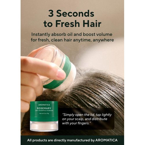AROMATICA Rosemary Dry Shampoo Powder 10g/0.3oz - Mini Dry Shampoo with Panthenol and Biotin For Dark Hair | Travel Dry Shampoo | Non aerosol & Talc Free