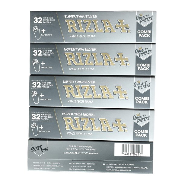 5 booklets - Rizla Silver Combi Pack King Size Slim Rolling Paper + Filter Tips