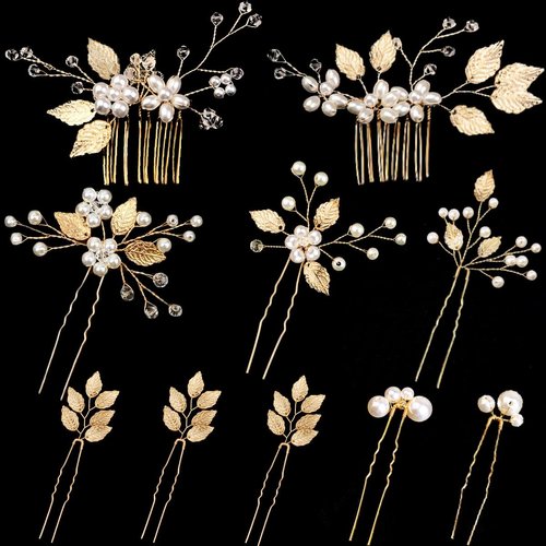 BOYIVI 10 Pieces Gold Leaf Bridal Hair Pins, Wedding Headpiece Hair Jewelry with Pearl Rhinestone Wedding Hair Accessories for Bride Bridesmaids Flower Girls