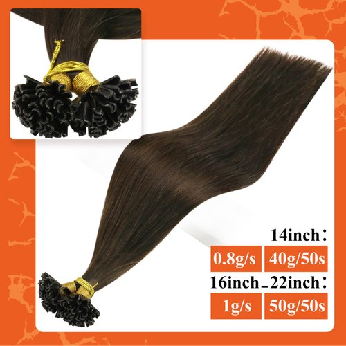 Full Shine U Tip Hair Extensions Human Hair 16 Inch Fusion Extension Human Hair U Tip Color 2 Darkest Brown Remy U Tip Hair Extensions 50g/50s Keratin U Tip Hair Extensions 1 Gram Per Strand