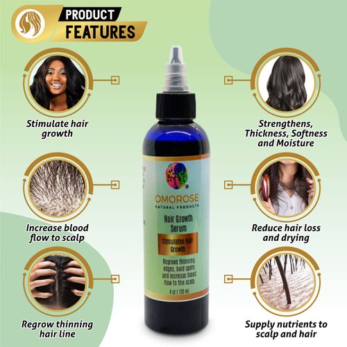 Omorose Natural Products Hair Growth Serum – Professional Hair Serum with Olive Oil, Black Seed Oil, Rosemary, Fenugreek – Natural Hair Serum for Hair Growth, Bald Spots, Fuller Thicker Hair (2 oz)
