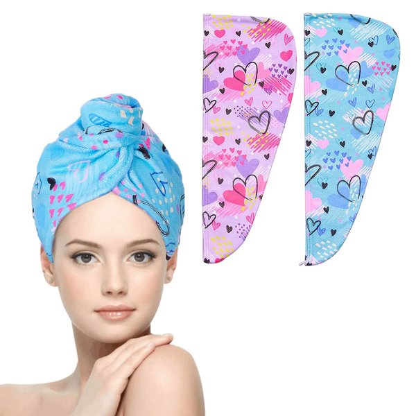 WUBAYI 2Pack Hair Drying Towels-Microfibre Hair Towels-Quick Drying Hair Towels-Uper Absorbent Hair Towel with Button. Designed for Wet Hair Wraps, Women's & Girls' Hair Wraps(Love), Small