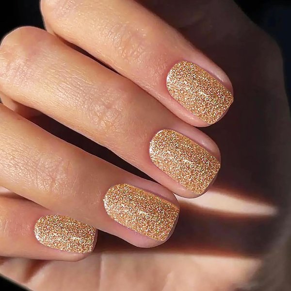 KKUUOO Press on Nails Short, Solid Color Fake Nails Gold Glitter Acrylic Nails Full Cover Square False Nails Glossy Artificial Nails Reusable Stick on Nails Jelly Press on Nails for Women Girls 24Pcs