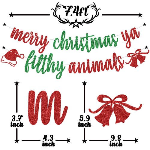 Red Glitter Merry Christmas Ya Filthy Animals Banner, Merry Christmas/Feliz Navidad, Christmas Holiday New Year Party Decorations Supplies