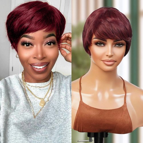 INSTANT FAB Short Human Hair Wigs Pixie Cut Wigs for Black Women Short Pixie Hairstyles Layered Wavy Non Lace Front Wigs - JET (99J)