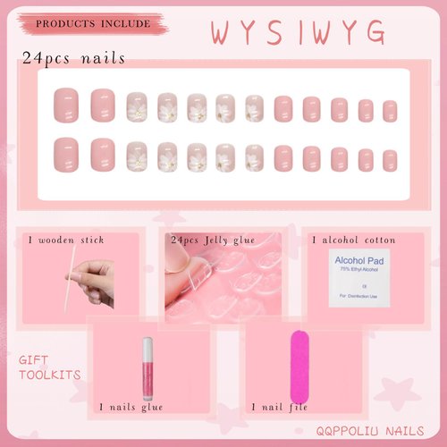 QQPPOLIU Pink Press on Nails Short Nail Press on Nails for Girls Cute Short Nails with Flower Designs Square Press on Nails Short Length 24Pcs for Girls