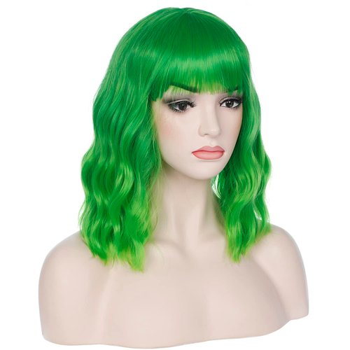 incohair 14 Inches Green Ombre Wig with Bangs Women Girls Short Curly Wavy Bob Wig Shoulder Synthetic Halloween Party Wigs Wig Cap Included (Ombre Green)…