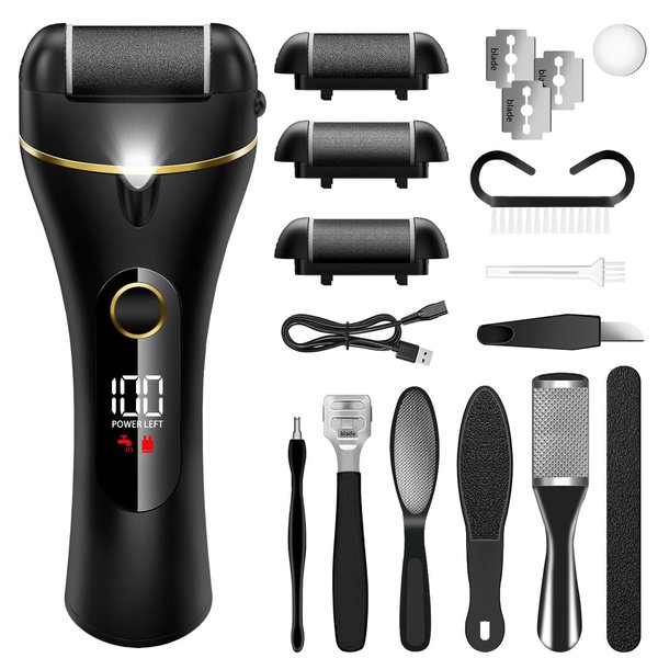 7d24hcare Electric Foot Callus Remover, 16 in 1 Rechargeable Pedicure Kit, Waterproof Scrubber Dead Skin Removal Tool with 3 Rollers & 2 Speeds for Feet Care, Battery Display - Black