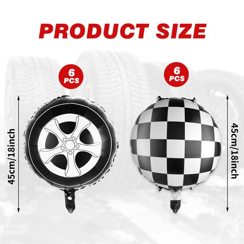 12 Pcs 18 Inch Black and White Checkered Balloons, Car Wheel Balloons Checkered Race Car Balloons Wheel Foil Balloons for Racing Theme Birthday Party Decoration Supplies
