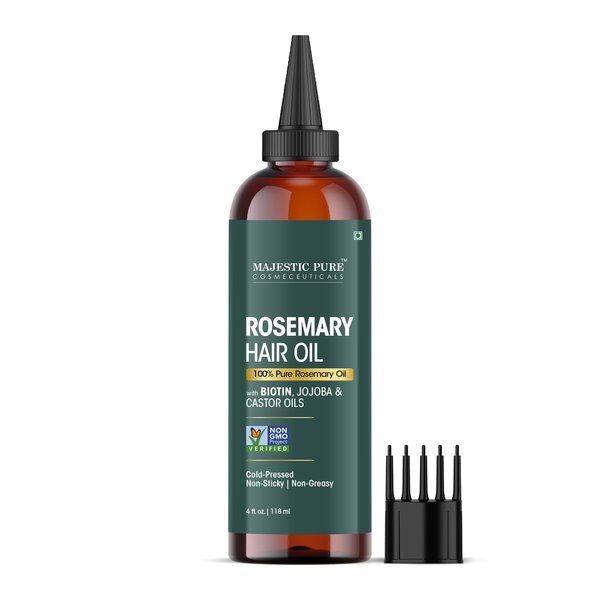 Majestic Pure 100% Pure Rosemary Oil for Hair Growth with Applicator, Strengthening, Nourishing, Volumizing, and Hair Care – Infused with Jojoba Oil and Castor Oil – Non GMO Verified, 4 Fl Oz