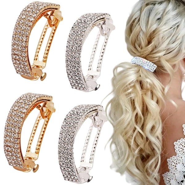 Generic 4 Pcs Rhinestone Spring Hair Clips Semicircle Gold Silver Bling Ponytail Holder Hair Holder Headband for Women Wedding Hair Accessories Birthday Gift