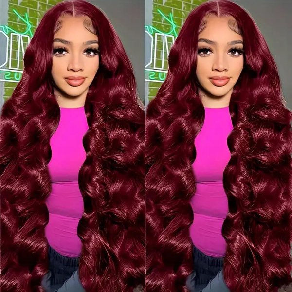 SAIWINI 28 Inch 99j Burgundy Lace Front Wigs Human Hair 13x4 Body Wave Wig 180% Density Glueless Frontal Wigs Human Hair Pre Plucked Brazilian Virgin Human Hair Wigs Colored Wine Red for Women