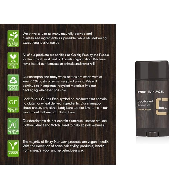Every Man Jack Men's Natural Deodorant - Sandalwood | 3-ounce Twin Pack - 2 Sticks Included | Naturally Derived, Aluminum Free, Parabens-free, Pthalate-free, Dye-free, and Certified Cruelty Free