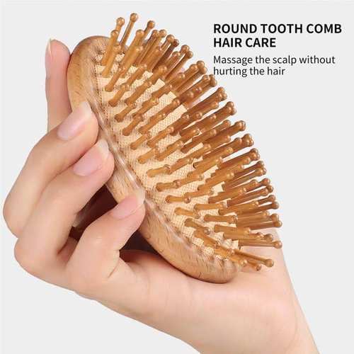 Brown Bamboo Brush for Hair Growth, Bamboo Hair Brush Massager Mini Bristles Natural Wooden Scalp Brush Detangling Hairbrush for Women, No Handle Design, Round Wood Brush Styling Tools and Appliances