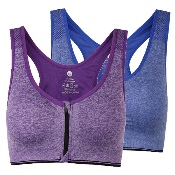 ohlyah Women's Zipper Front Closure Sports Bra Racerback Yoga Bras (XXL 40C 40D 42B 42C, 2 Pack: Purple Blue)