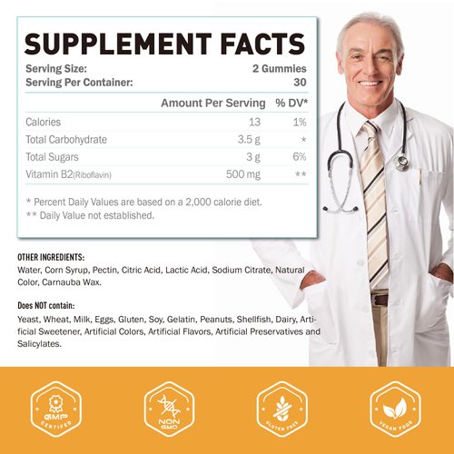 Joywiit Vitamin B2 Gummies Riboflavin 500mg for Adults, Migraine Relief & Nervous System Support, Orange Flavor, Non GMO, Vegan, Pectin - 60 Counts