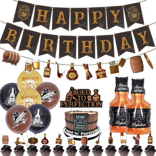Chilfamy Whiskey Birthday Decorations for Men, Aged to Perfection Party Supplies with Happy Birthday Banner, Whisky Garland Banner, Cake Toppers, Foil Balloons for 30th 40th 50th Vintage Party Events