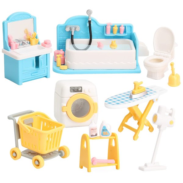 Dollhouse Furniture Set for Kids Toys Miniature Doll House Accessories Pretend Play Toys for Boys Girls & Toddlers Age 3+ with Bathroom
