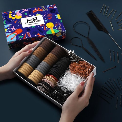 FANDAMEI Elastic Hair Ties Kit, Hair Accessories for Women with Elastic Hair Bands, Black Hair Ties, Cotton Hair Tie, Rubber Hair Bands, Hair Pins, Tie Hair Tools, Rat Tail Comb, Hair Ties Kit