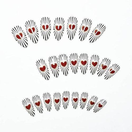 Valentine's Day Press on Nails Medium Red Love Heart Black Lines False Nails with Design French Almond Nails 24Pcs Artificial Acrylic Nails Full Cover Glossy Coffin Fake Nails Glue on Nails for Women